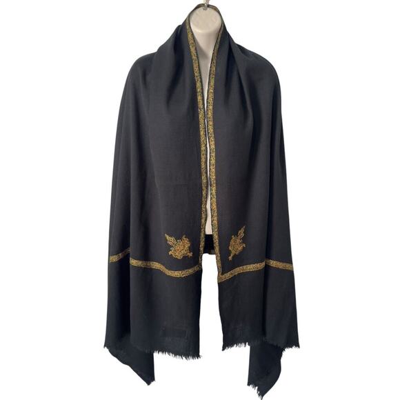 Pure New Wool Woolmark Bordered Sozni Hand Embroidered Black Wrap Shawl Centex - Picture 1 of 12